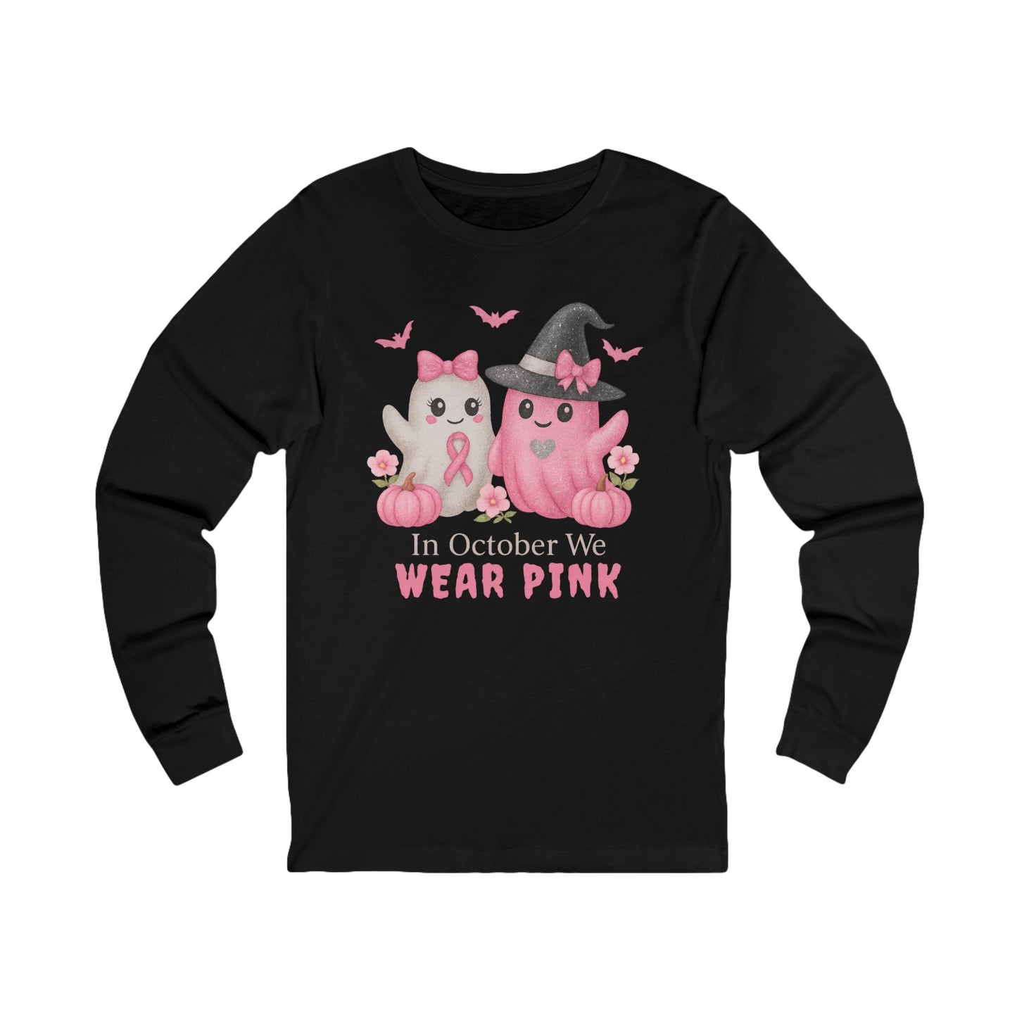 Unisex Long Sleeve Tee - Wear Pink for October, Breast Cancer Awareness, Cute Cat Design, Fall Fashion, Cozy Autumn Shirt