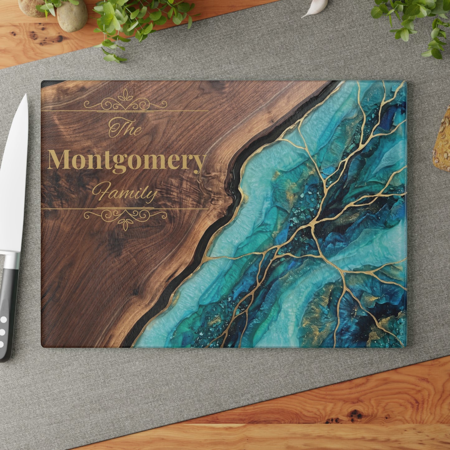 Personalized Family Name Cutting Board – Teal & Gold Glass Board
