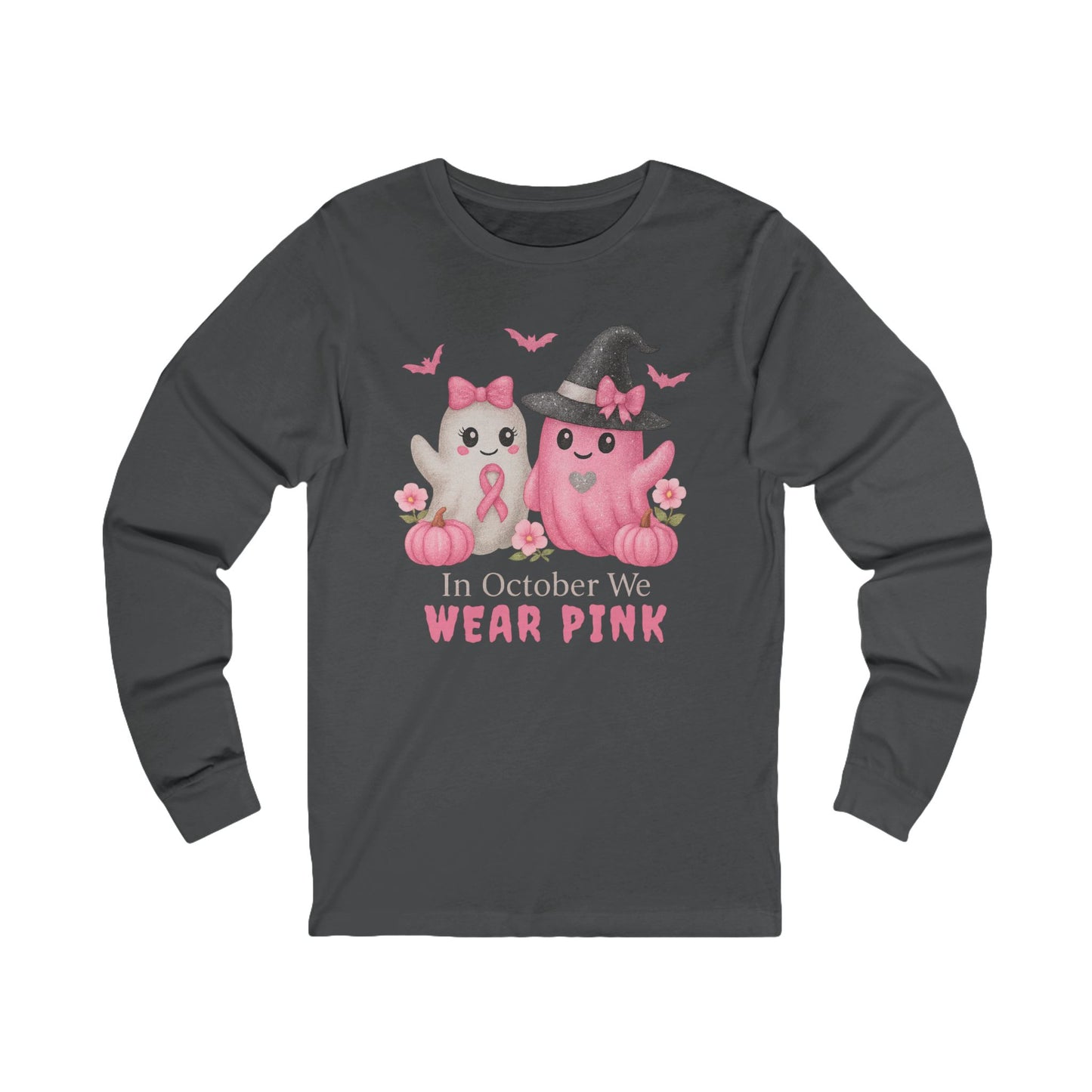 Unisex Long Sleeve Tee - Wear Pink for October, Breast Cancer Awareness, Cute Cat Design, Fall Fashion, Cozy Autumn Shirt
