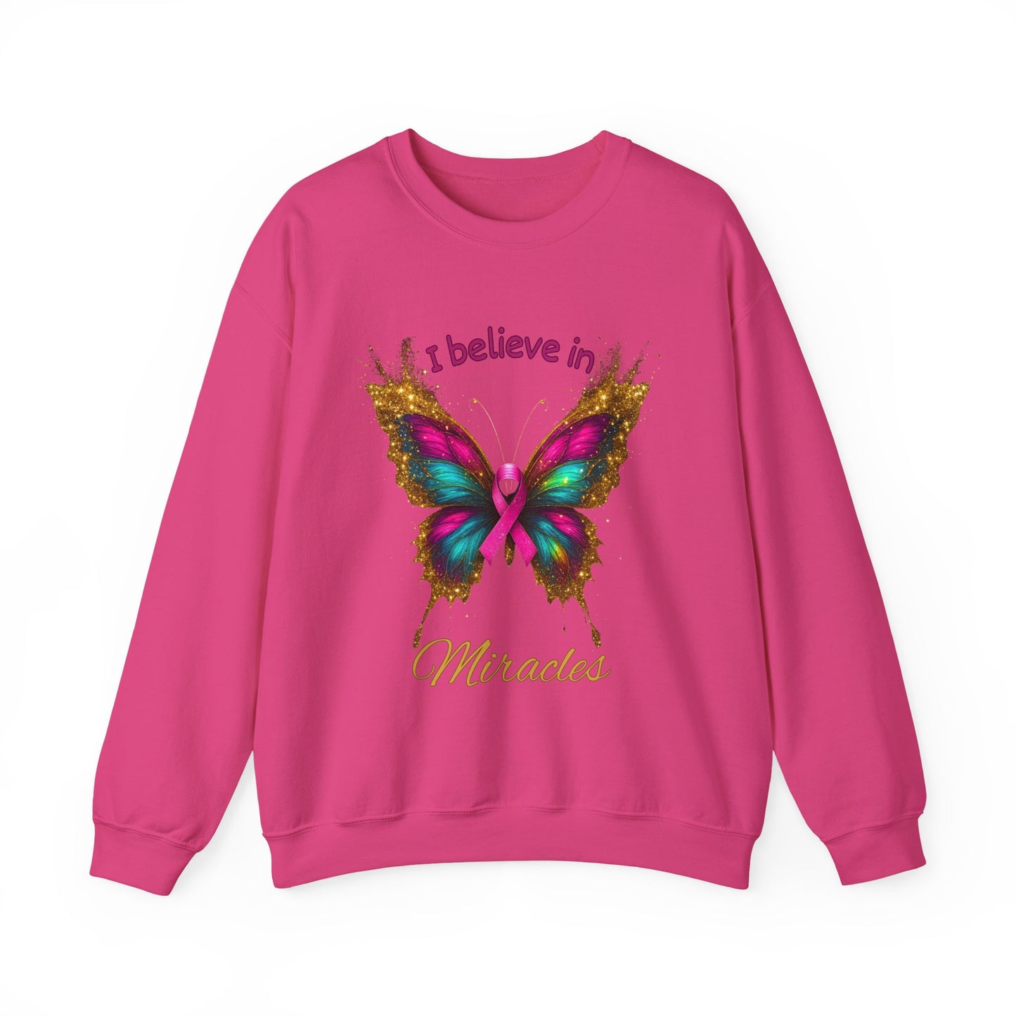 Uplifting pink-ribbon butterfly sweatshirt for faith, hope, and support. Cozy unisex fit—perfect gift for survivors, supporters, and Wear Pink season.