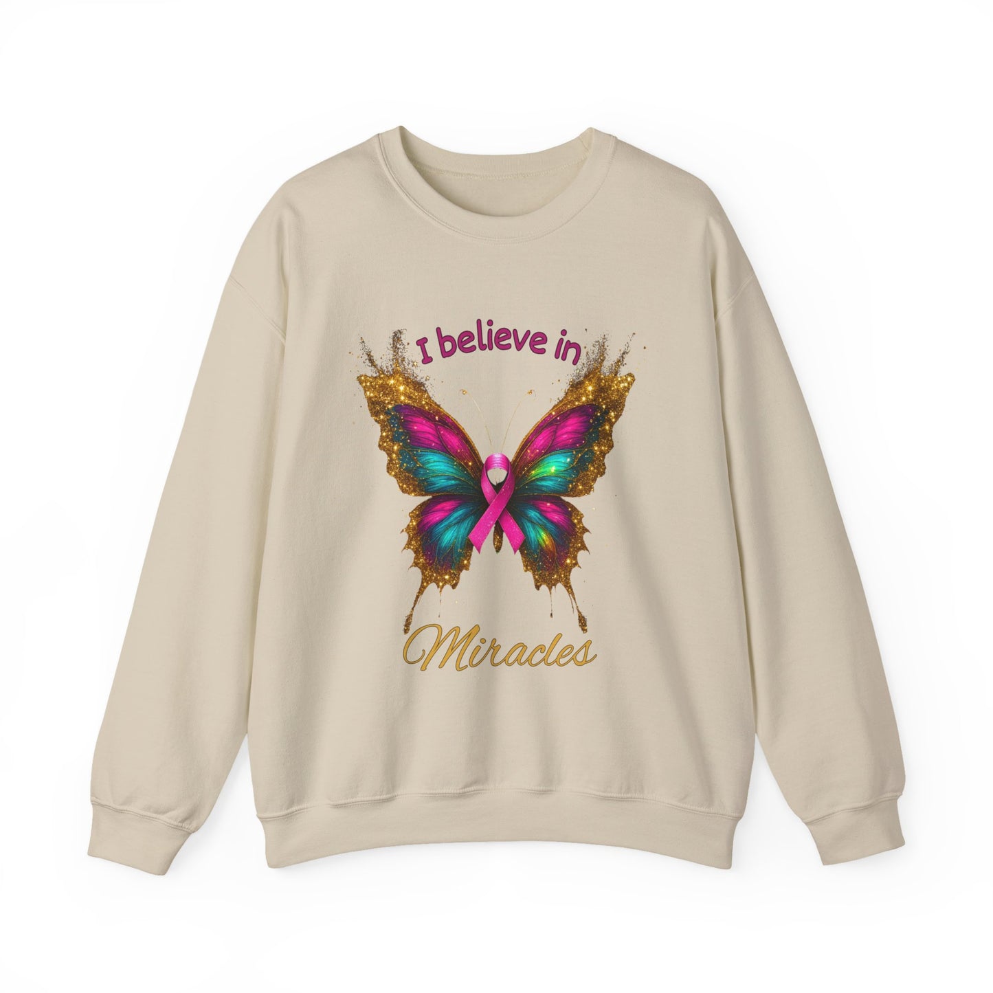 Uplifting pink-ribbon butterfly sweatshirt for faith, hope, and support. Cozy unisex fit—perfect gift for survivors, supporters, and Wear Pink season.