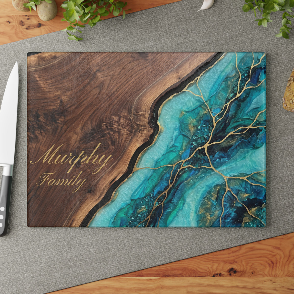 Personalized Teal Agate Glass Cutting Board - Custom Family Name
