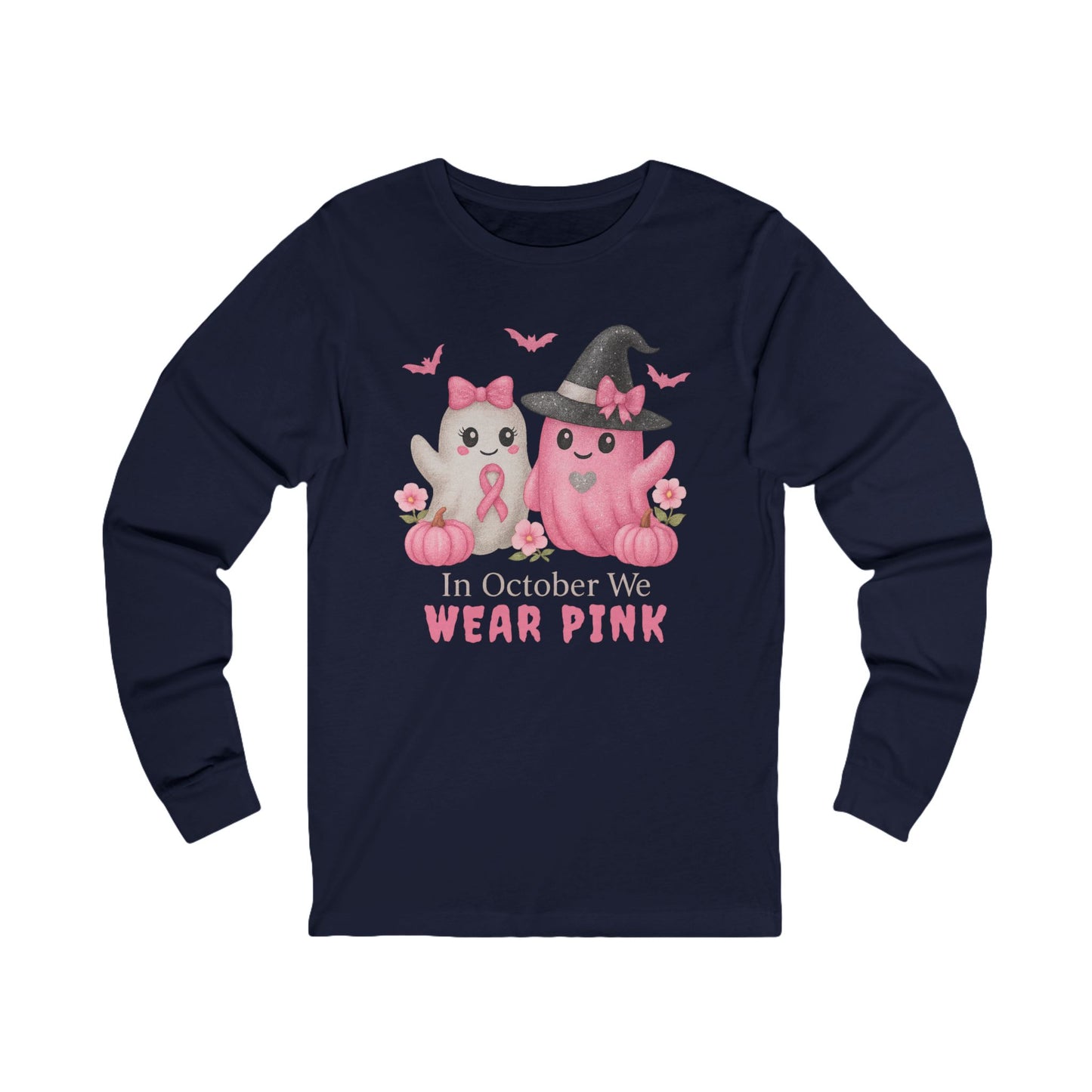 Unisex Long Sleeve Tee - Wear Pink for October, Breast Cancer Awareness, Cute Cat Design, Fall Fashion, Cozy Autumn Shirt
