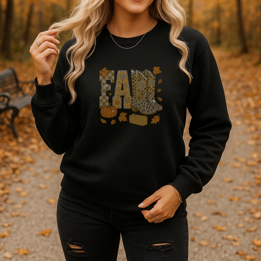 Glitter Fall Sweatshirt with Cowboy Boots – Western Autumn Outfit | Unisex Cozy Crewneck | Rustic Pumpkin Patch & Thanksgiving Sweater – 7 Color