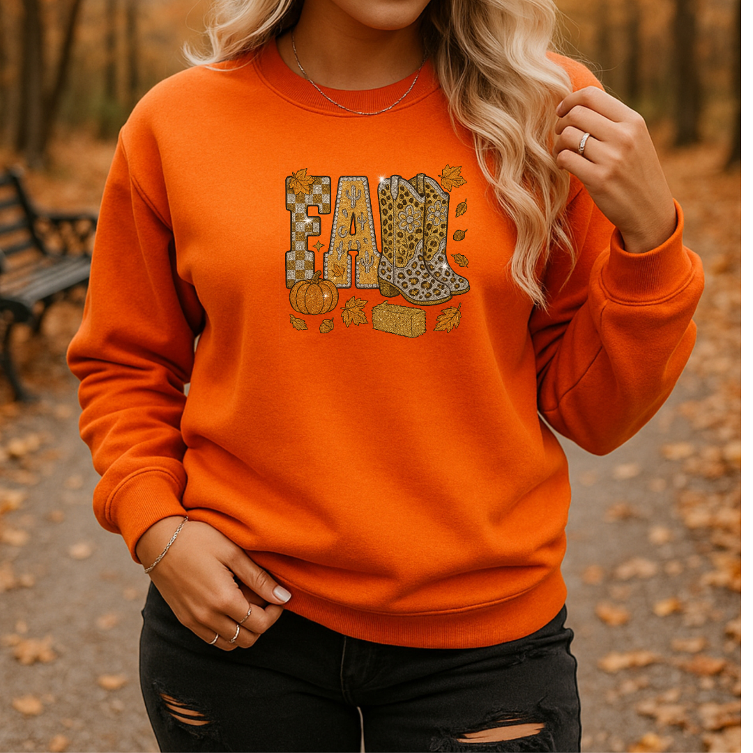 Glitter Fall Sweatshirt with Cowboy Boots – Western Autumn Outfit | Unisex Cozy Crewneck | Rustic Pumpkin Patch & Thanksgiving Sweater – 7 Color