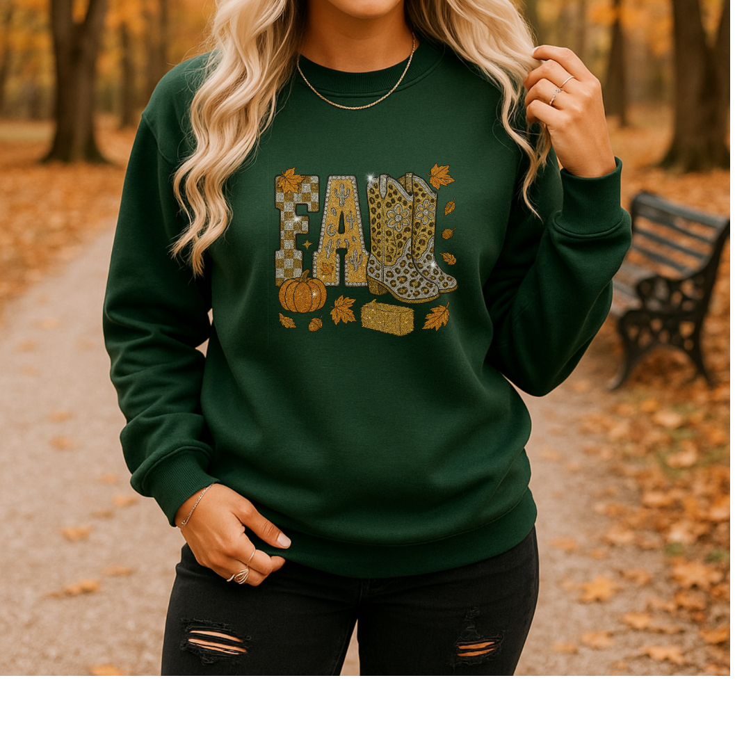 Glitter Fall Sweatshirt with Cowboy Boots – Western Autumn Outfit | Unisex Cozy Crewneck | Rustic Pumpkin Patch & Thanksgiving Sweater – 7 Color