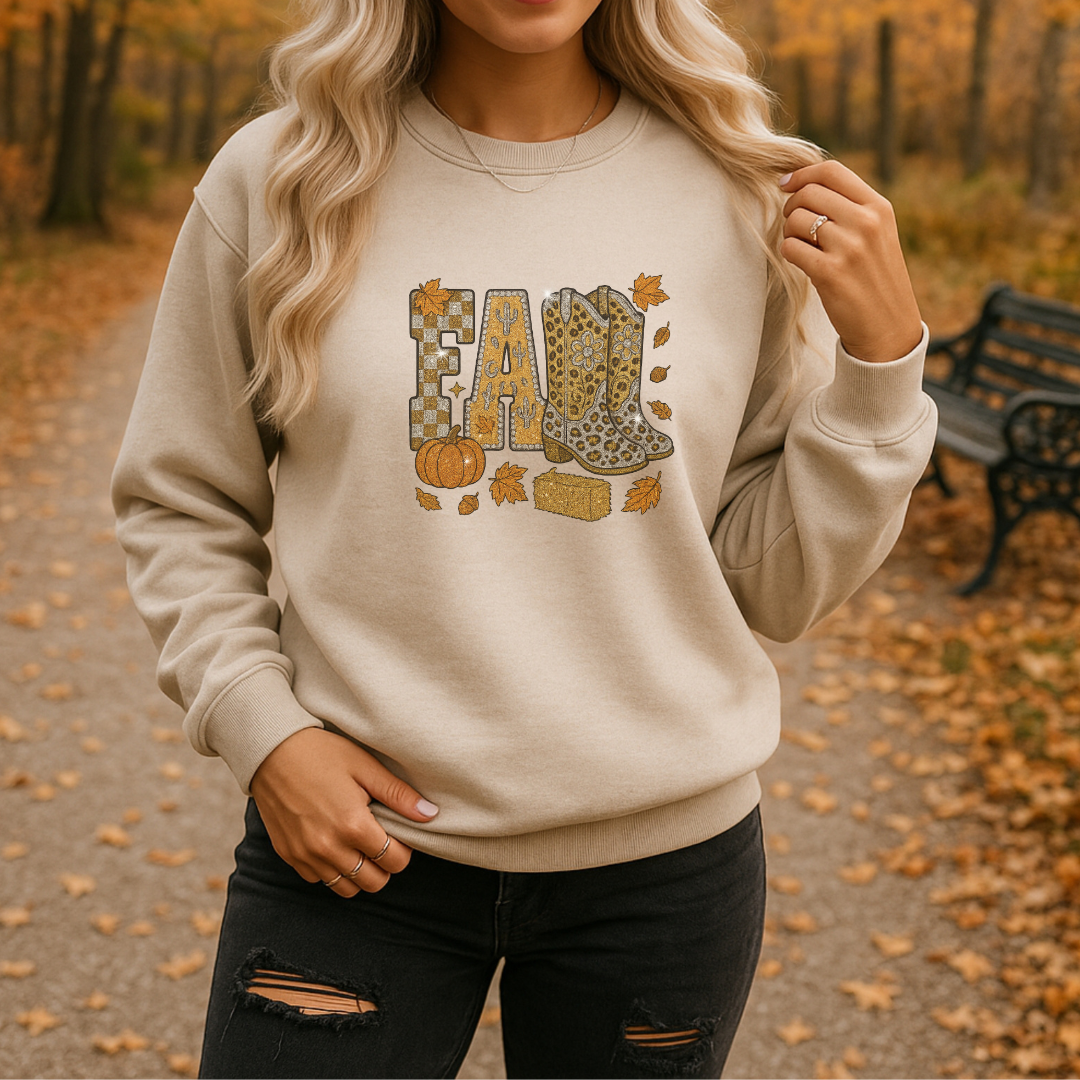 Glitter Fall Sweatshirt with Cowboy Boots – Western Autumn Outfit | Unisex Cozy Crewneck | Rustic Pumpkin Patch & Thanksgiving Sweater – 7 Color