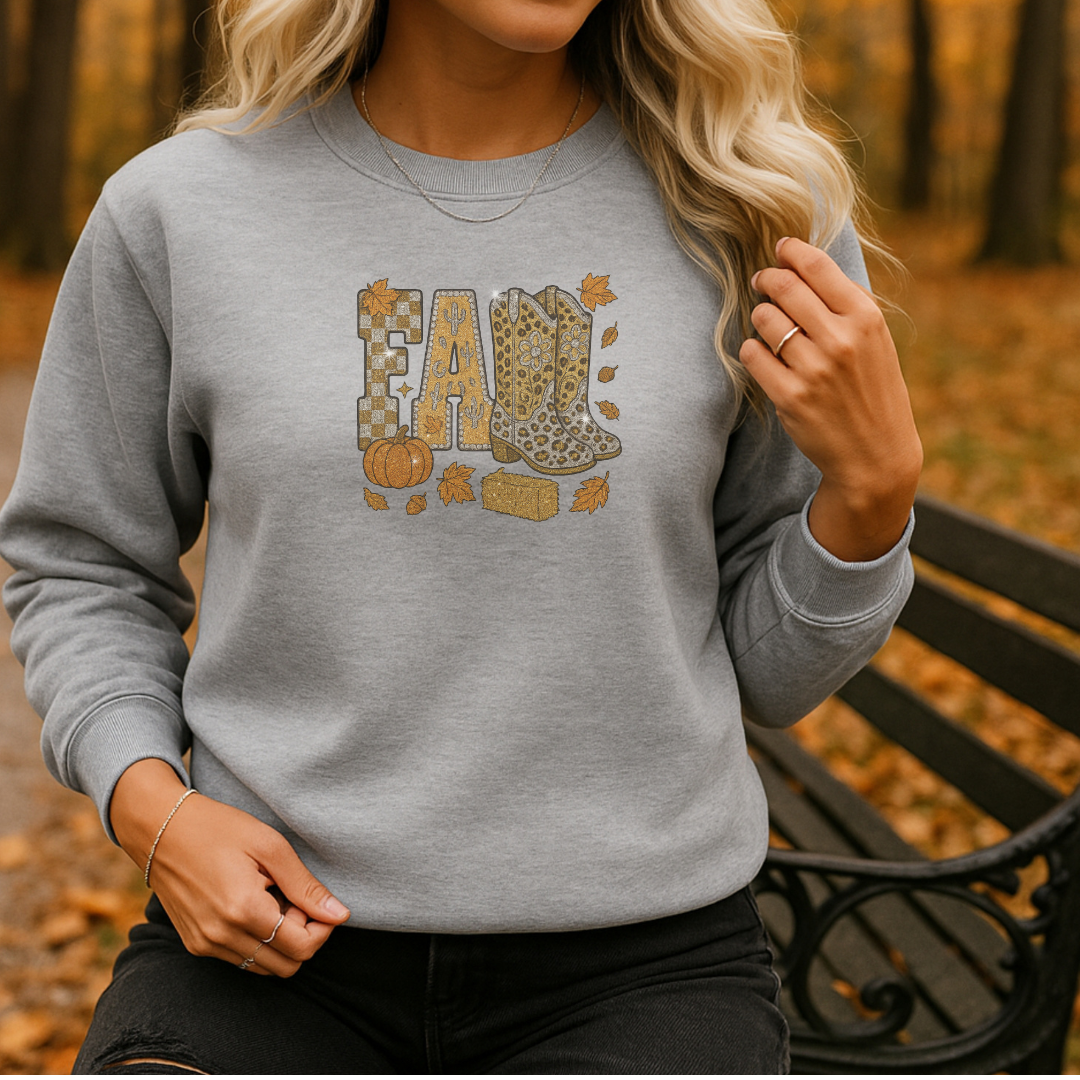 Glitter Fall Sweatshirt with Cowboy Boots – Western Autumn Outfit | Unisex Cozy Crewneck | Rustic Pumpkin Patch & Thanksgiving Sweater – 7 Color