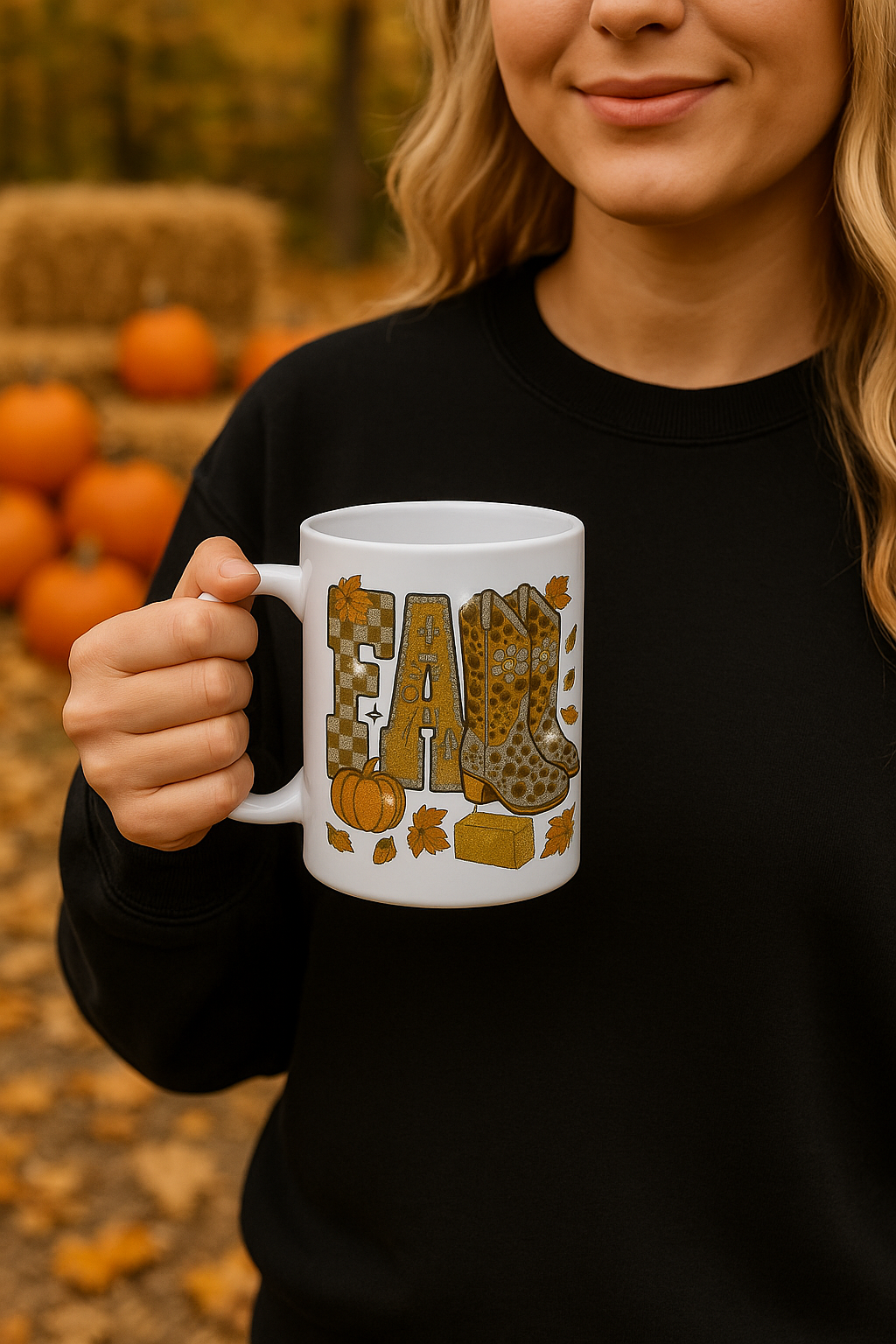 Glitter Fall Mug with Cowboy Boots โ Autumn Coffee Cup | Western Pumpkin & Hay Bale Design | Thanksgiving Gift | 11oz White Ceramic Mug