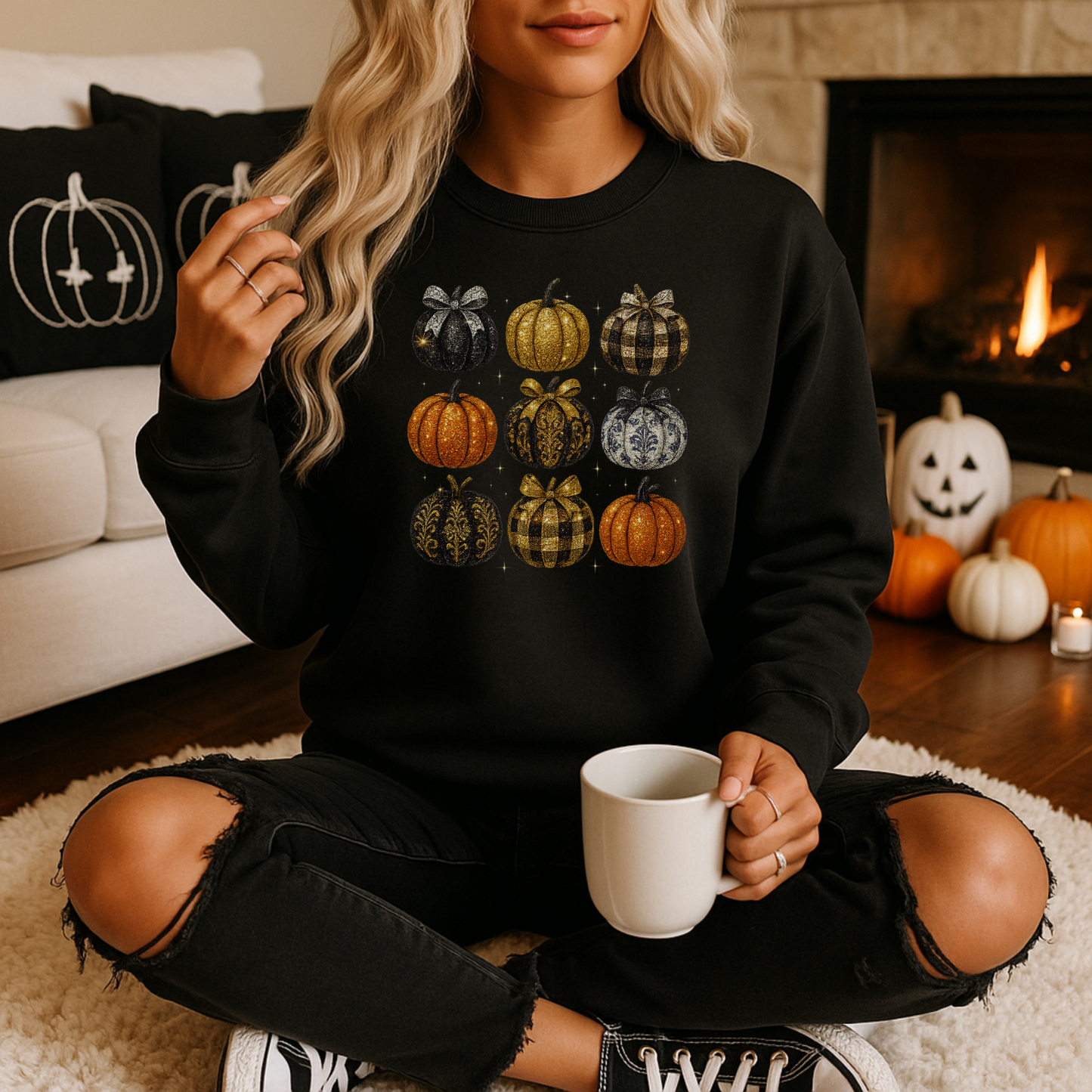 Glam Rhinestone Pumpkin Crewneck Sweatshirt – Unisex Heavy Blend (Gildan 18000) | Sparkling Fall & Halloween Sweat