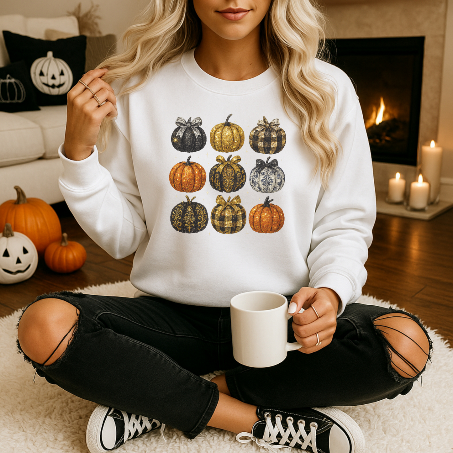 Glam Rhinestone Pumpkin Crewneck Sweatshirt – Unisex Heavy Blend (Gildan 18000) | Sparkling Fall & Halloween Sweat