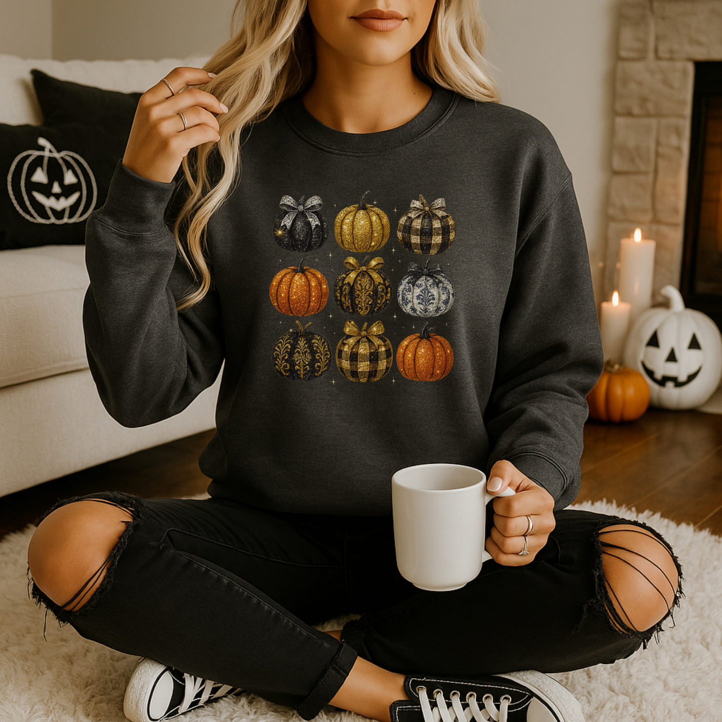 Glam Rhinestone Pumpkin Crewneck Sweatshirt – Unisex Heavy Blend (Gildan 18000) | Sparkling Fall & Halloween Sweat