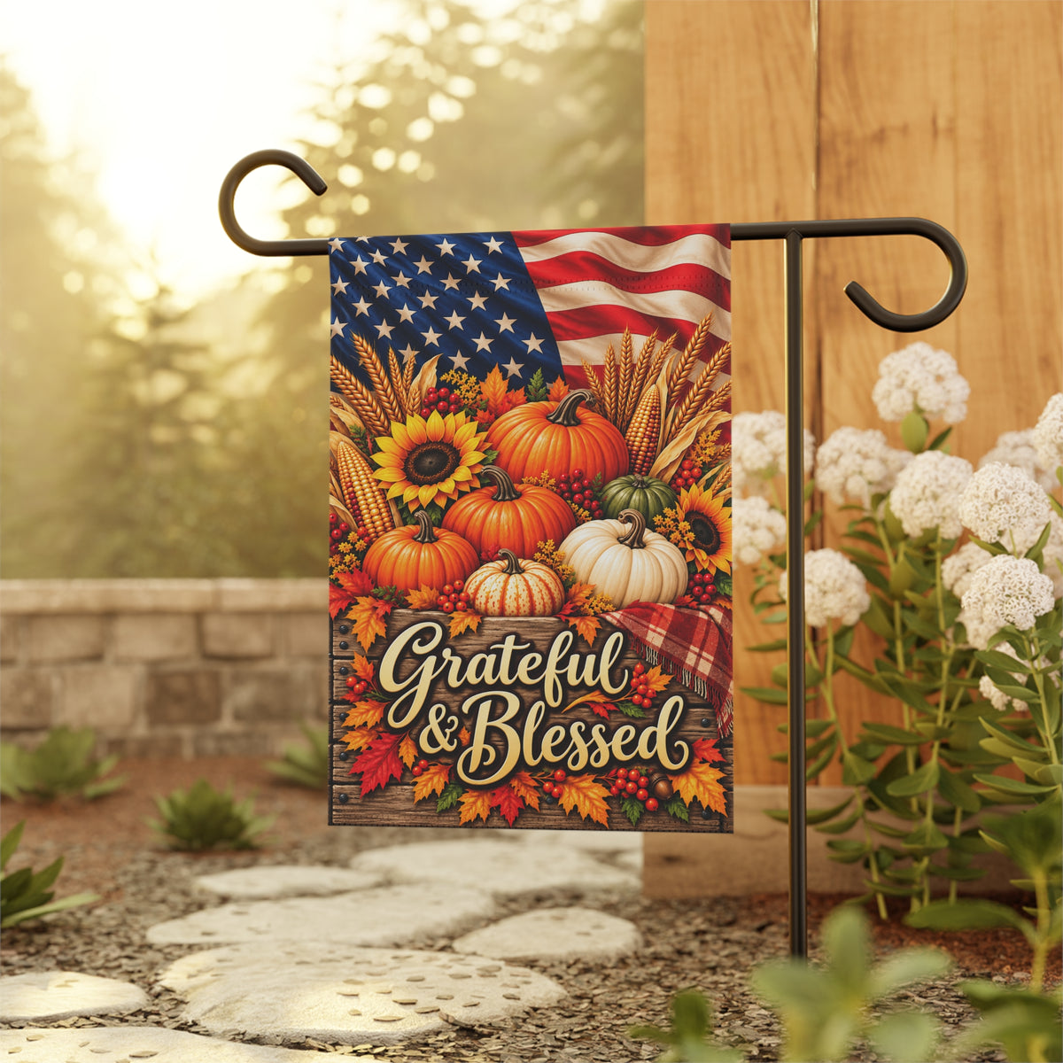 Grateful & Blessed Fall Garden Flag – Patriotic Pumpkin Autumn Welcome Banner