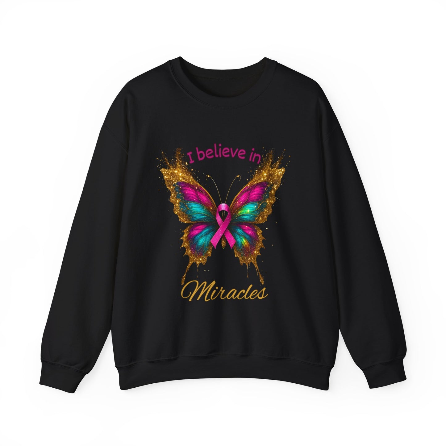 Uplifting pink-ribbon butterfly sweatshirt for faith, hope, and support. Cozy unisex fit—perfect gift for survivors, supporters, and Wear Pink season.