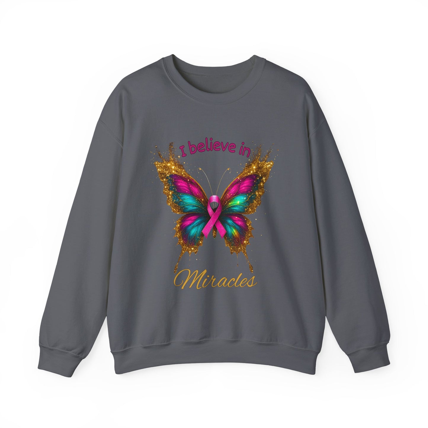 Uplifting pink-ribbon butterfly sweatshirt for faith, hope, and support. Cozy unisex fit—perfect gift for survivors, supporters, and Wear Pink season.