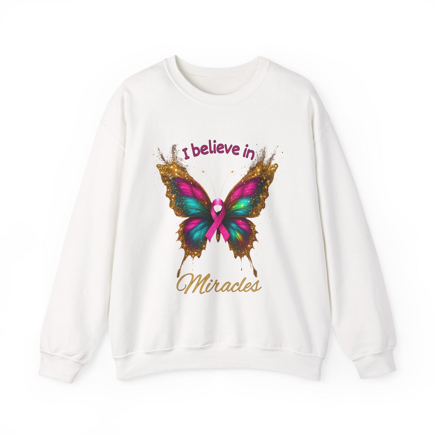 Uplifting pink-ribbon butterfly sweatshirt for faith, hope, and support. Cozy unisex fit—perfect gift for survivors, supporters, and Wear Pink season.