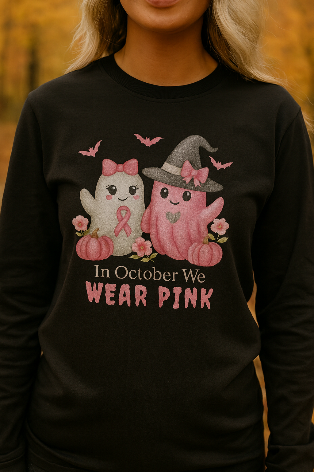 Unisex Long Sleeve Tee - Wear Pink for October, Breast Cancer Awareness, Cute Cat Design, Fall Fashion, Cozy Autumn Shirt