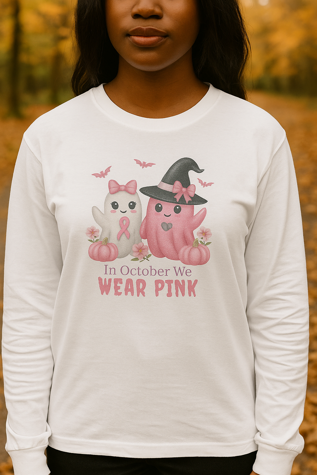 Unisex Long Sleeve Tee - Wear Pink for October, Breast Cancer Awareness, Cute Cat Design, Fall Fashion, Cozy Autumn Shirt