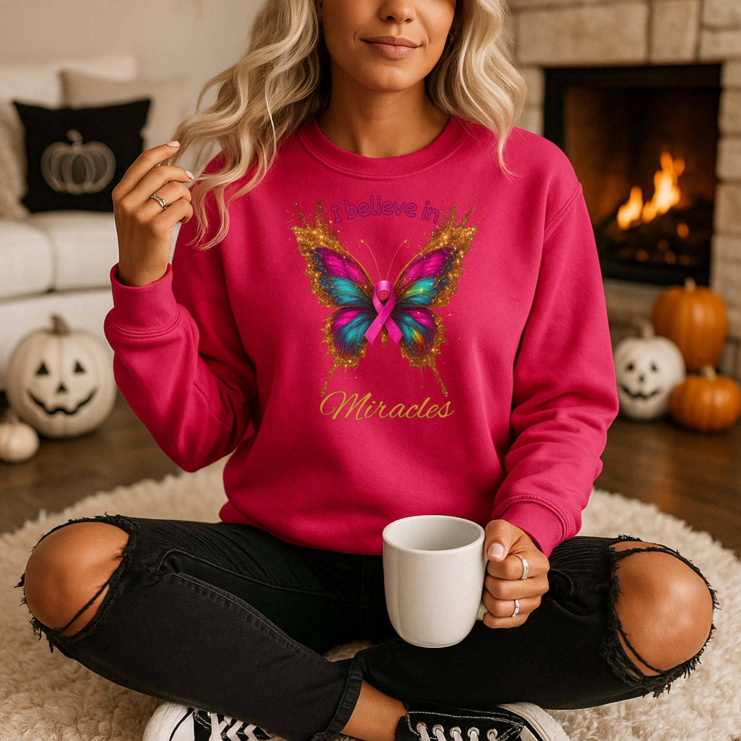 Uplifting pink-ribbon butterfly sweatshirt for faith, hope, and support. Cozy unisex fit—perfect gift for survivors, supporters, and Wear Pink season.