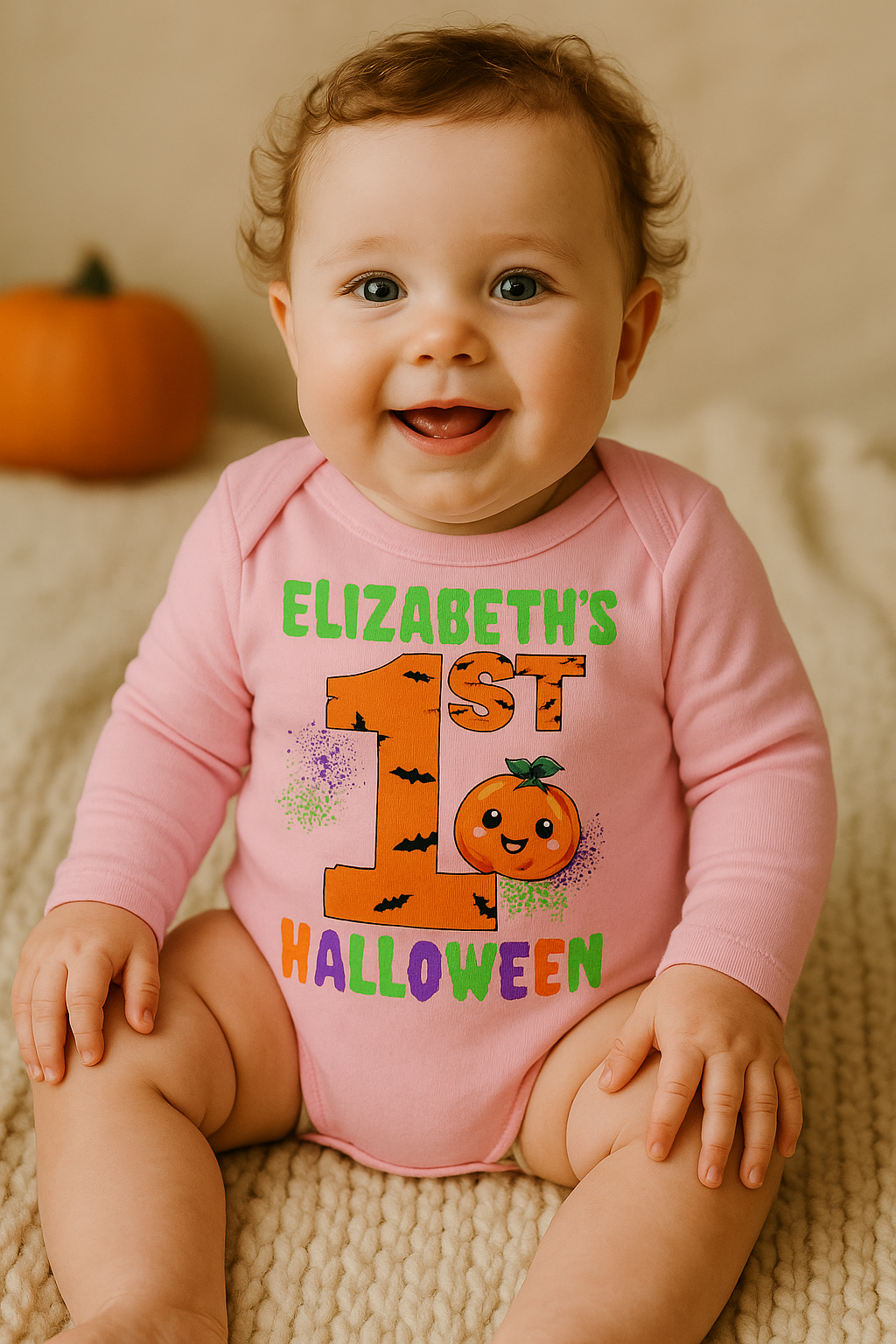 Personalized Baby’s 1st Halloween Long-Sleeve Onesie – Custom Name Pumpkin Bodysuit | Infant Fall Outfit & Photo Prop