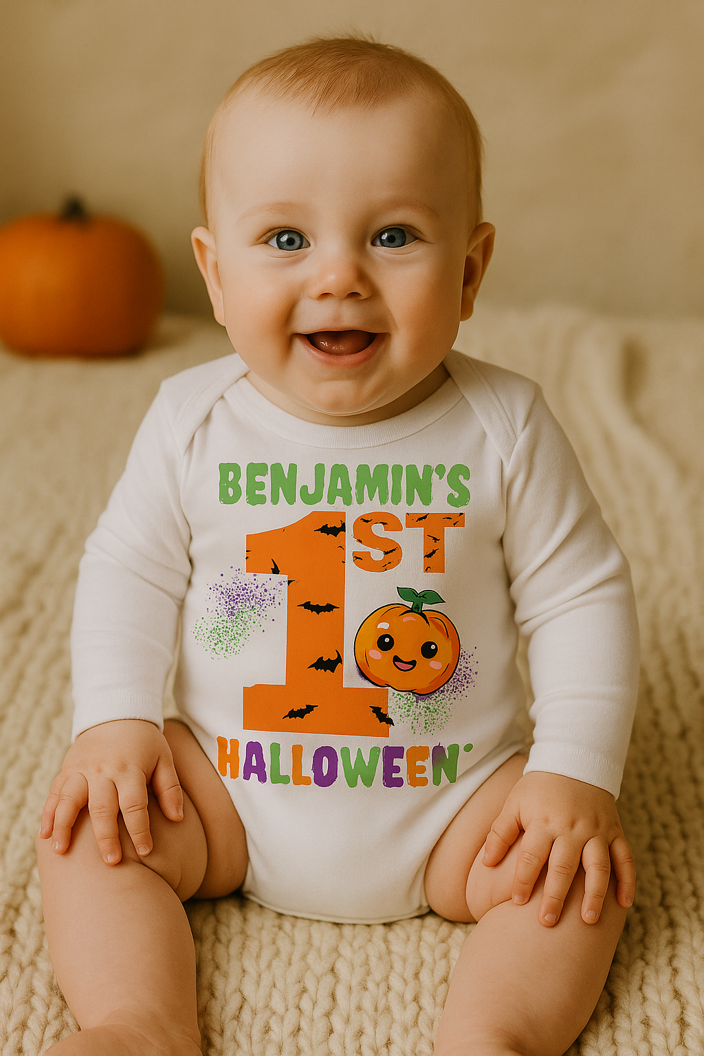 Personalized Baby’s 1st Halloween Long-Sleeve Onesie – Custom Name Pumpkin Bodysuit | Infant Fall Outfit & Photo Prop