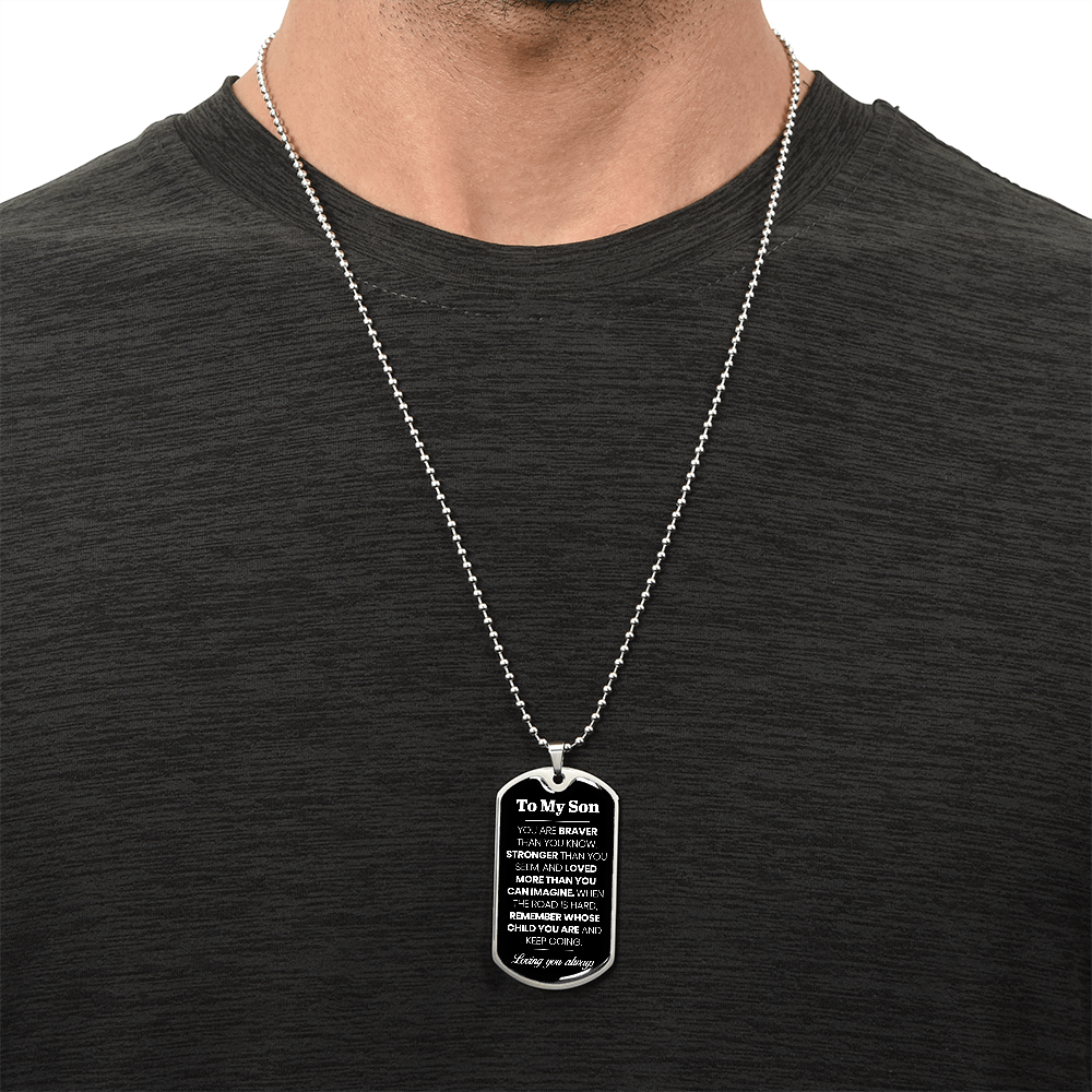 To My Son Dog Tag Necklace – Military Pendant in Stainless Steel or 18K Gold, Optional Back Engraving, Inspirational Gift for Son