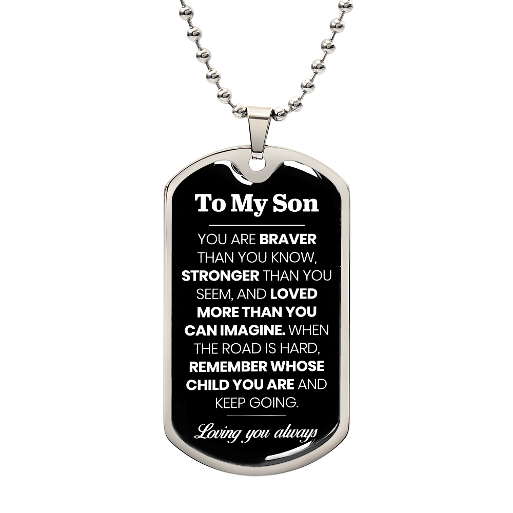 To My Son Dog Tag Necklace – Military Pendant in Stainless Steel or 18K Gold, Optional Back Engraving, Inspirational Gift for Son