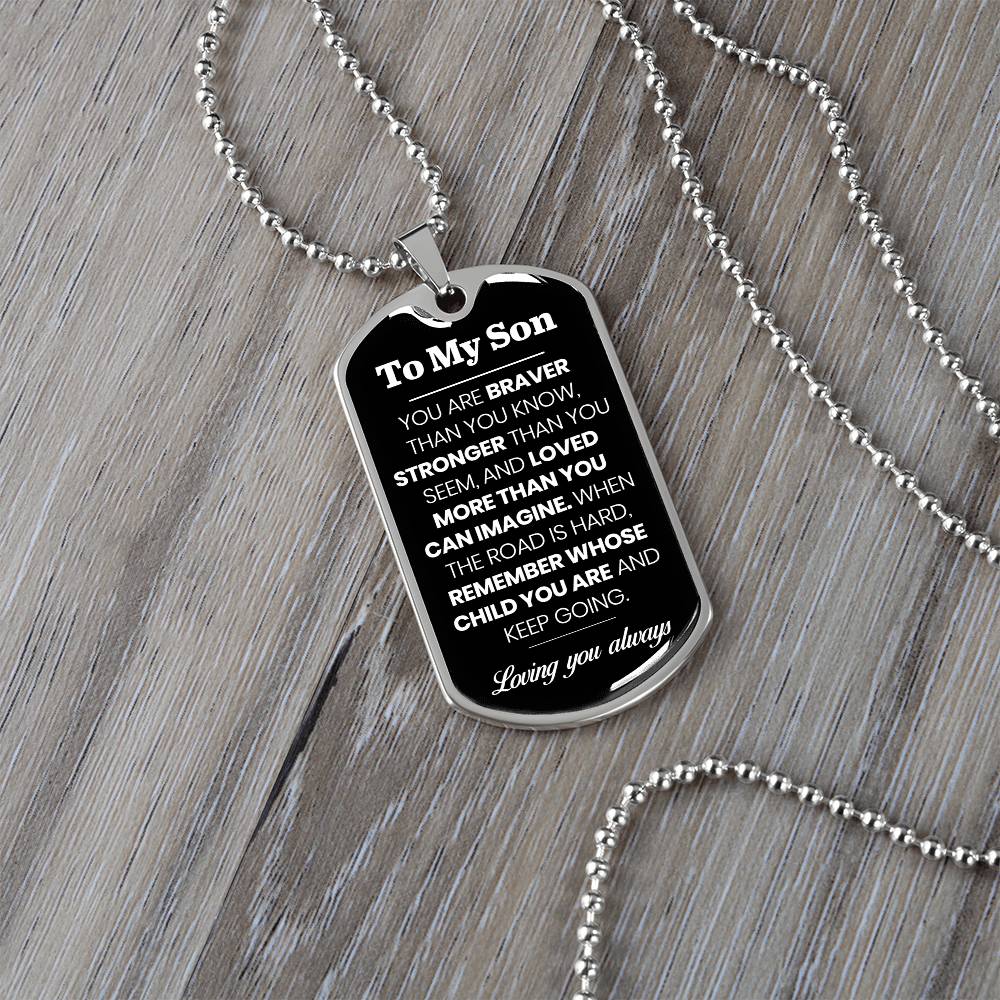 To My Son Dog Tag Necklace – Military Pendant in Stainless Steel or 18K Gold, Optional Back Engraving, Inspirational Gift for Son