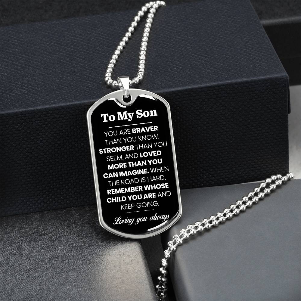 To My Son Dog Tag Necklace – Military Pendant in Stainless Steel or 18K Gold, Optional Back Engraving, Inspirational Gift for Son
