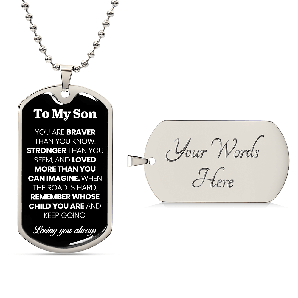 To My Son Dog Tag Necklace – Military Pendant in Stainless Steel or 18K Gold, Optional Back Engraving, Inspirational Gift for Son