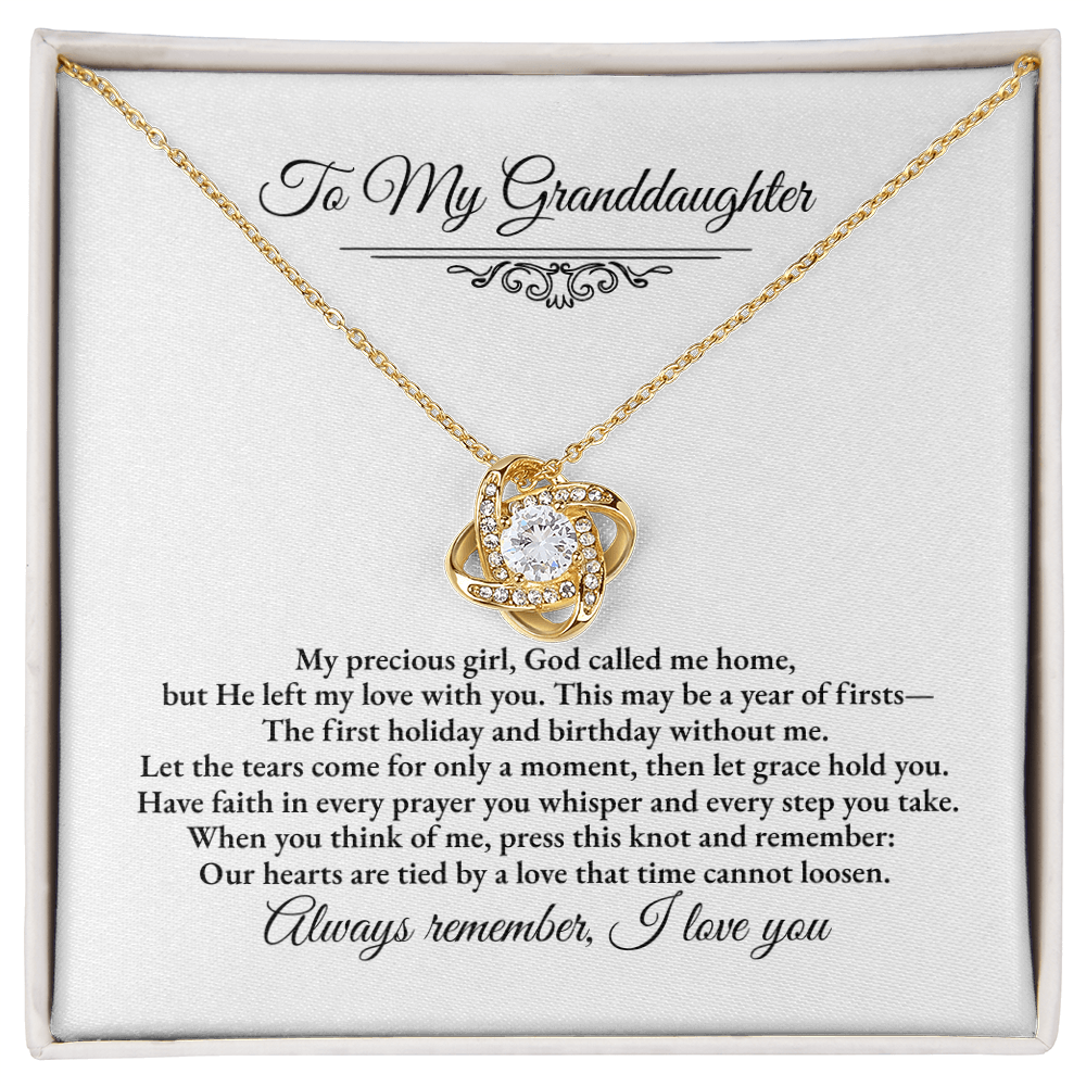 Granddaughter Remembrance Love Knot Necklace – Year of Firsts Message Card, Memorial Gift from Grandma/Grandpa, 14K White or 18K Yellow Gold, Gift Box or LED Luxury Box