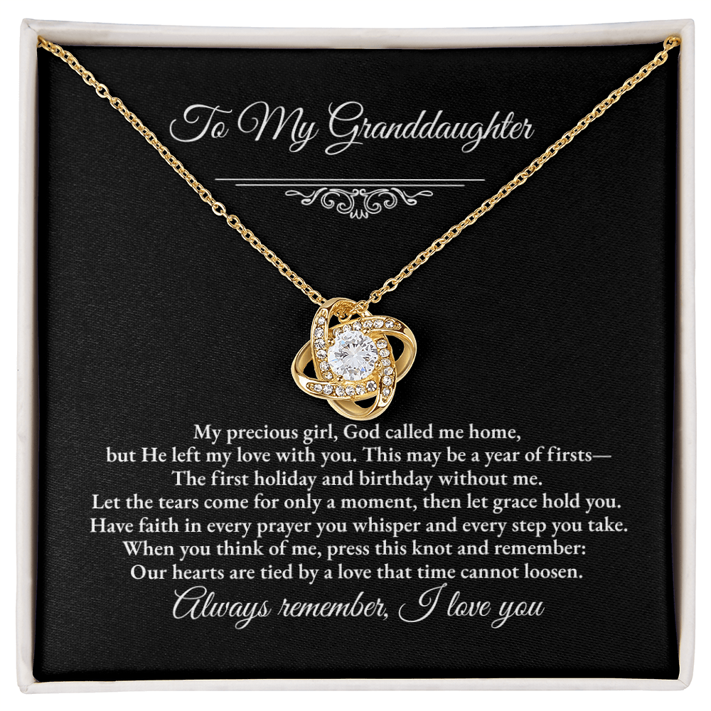 Granddaughter Remembrance Love Knot Necklace – Year of Firsts Message Card, Memorial Gift from Grandma/Grandpa, 14K White or 18K Yellow Gold, Gift Box or LED Luxury Box