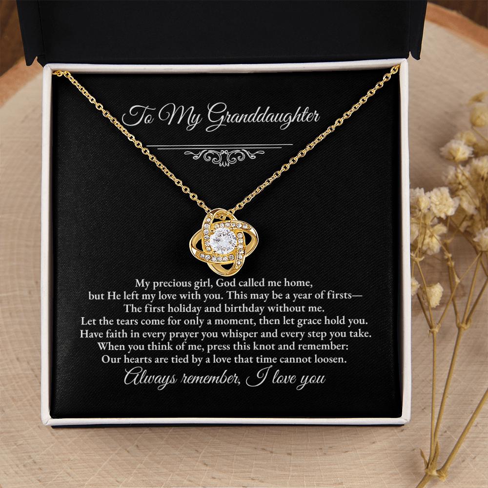 Granddaughter Remembrance Love Knot Necklace – Year of Firsts Message Card, Memorial Gift from Grandma/Grandpa, 14K White or 18K Yellow Gold, Gift Box or LED Luxury Box
