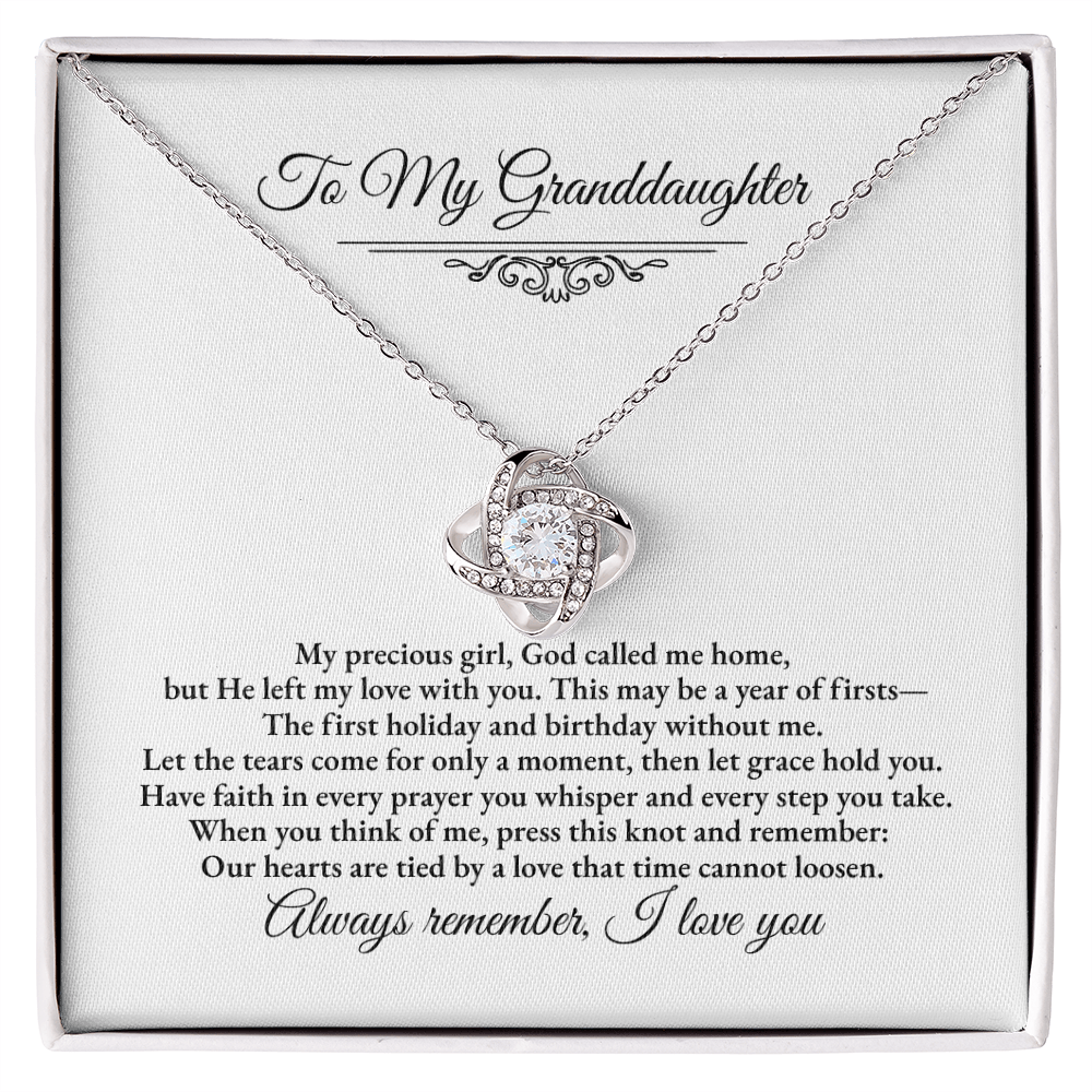 Granddaughter Remembrance Love Knot Necklace – Year of Firsts Message Card, Memorial Gift from Grandma/Grandpa, 14K White or 18K Yellow Gold, Gift Box or LED Luxury Box