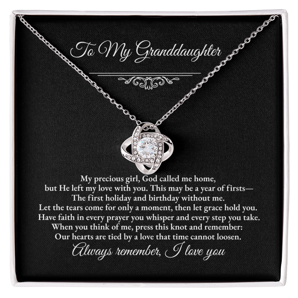 Granddaughter Remembrance Love Knot Necklace – Year of Firsts Message Card, Memorial Gift from Grandma/Grandpa, 14K White or 18K Yellow Gold, Gift Box or LED Luxury Box