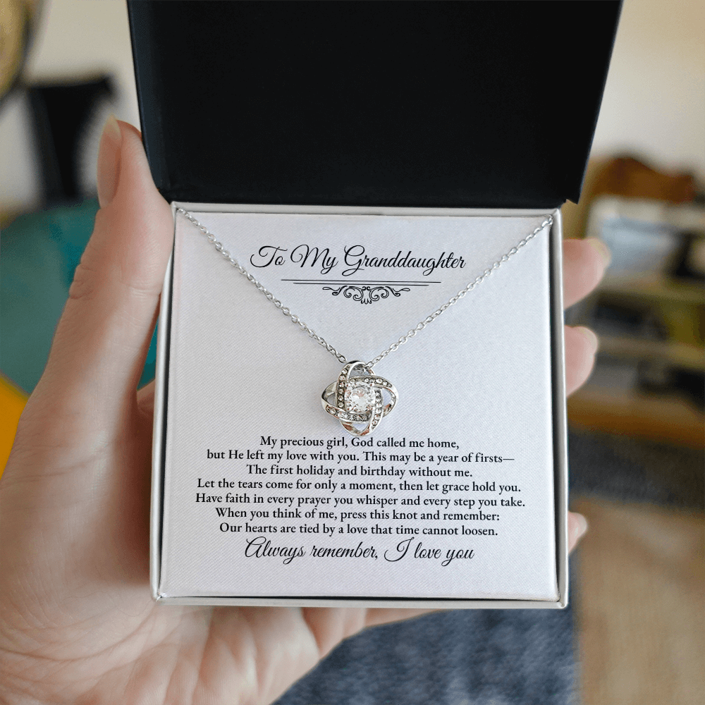Granddaughter Remembrance Love Knot Necklace – Year of Firsts Message Card, Memorial Gift from Grandma/Grandpa, 14K White or 18K Yellow Gold, Gift Box or LED Luxury Box
