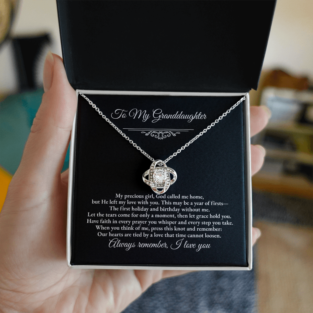 Granddaughter Remembrance Love Knot Necklace – Year of Firsts Message Card, Memorial Gift from Grandma/Grandpa, 14K White or 18K Yellow Gold, Gift Box or LED Luxury Box