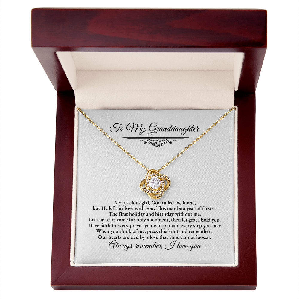 Granddaughter Remembrance Love Knot Necklace – Year of Firsts Message Card, Memorial Gift from Grandma/Grandpa, 14K White or 18K Yellow Gold, Gift Box or LED Luxury Box