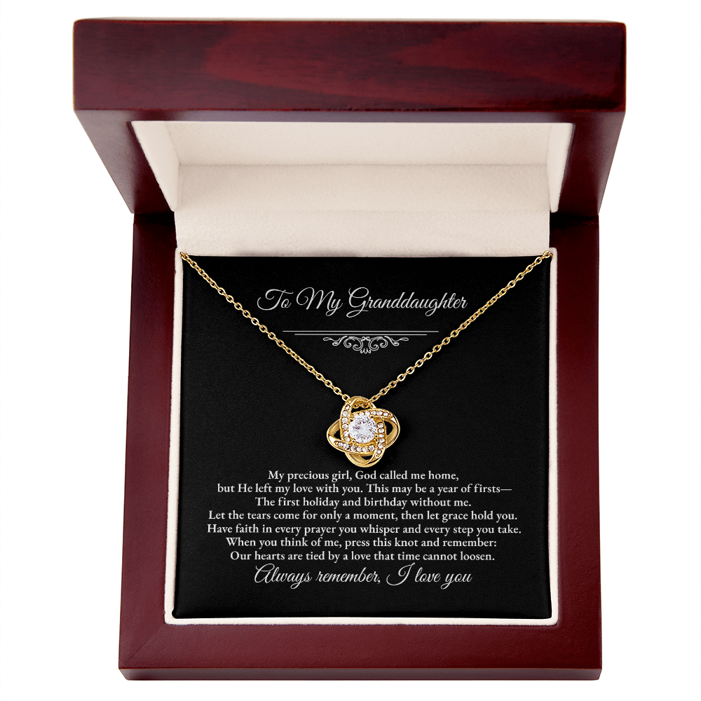 Granddaughter Remembrance Love Knot Necklace – Year of Firsts Message Card, Memorial Gift from Grandma/Grandpa, 14K White or 18K Yellow Gold, Gift Box or LED Luxury Box