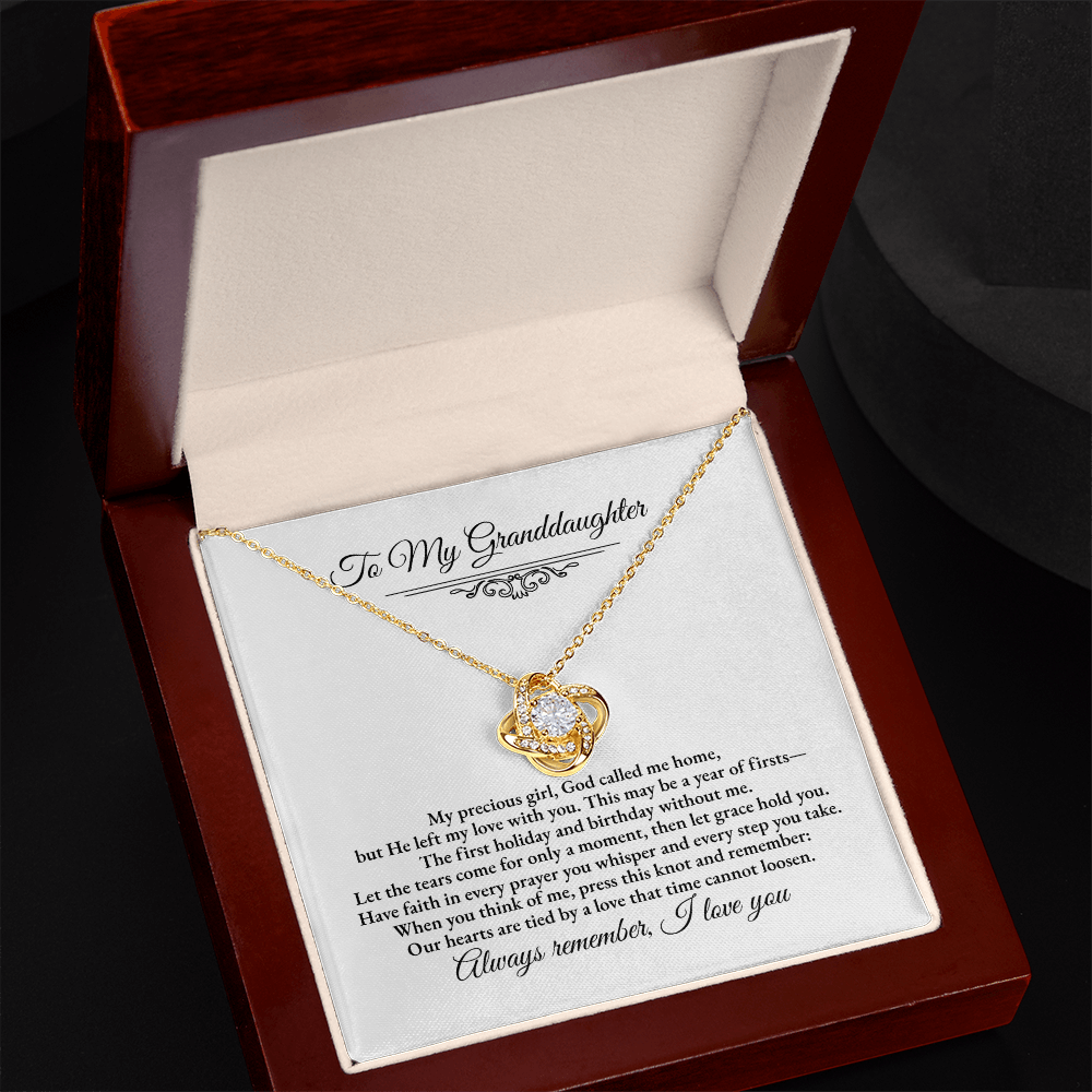 Granddaughter Remembrance Love Knot Necklace – Year of Firsts Message Card, Memorial Gift from Grandma/Grandpa, 14K White or 18K Yellow Gold, Gift Box or LED Luxury Box