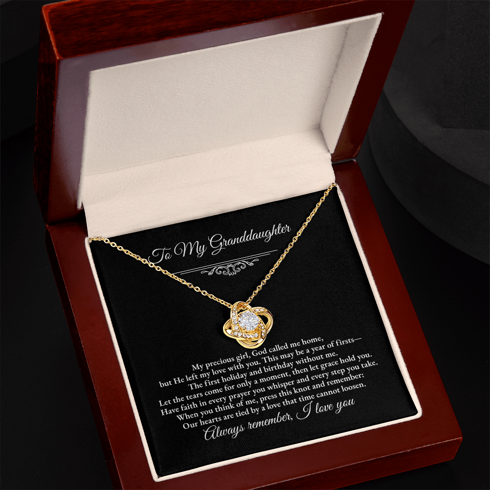 Granddaughter Remembrance Love Knot Necklace – Year of Firsts Message Card, Memorial Gift from Grandma/Grandpa, 14K White or 18K Yellow Gold, Gift Box or LED Luxury Box