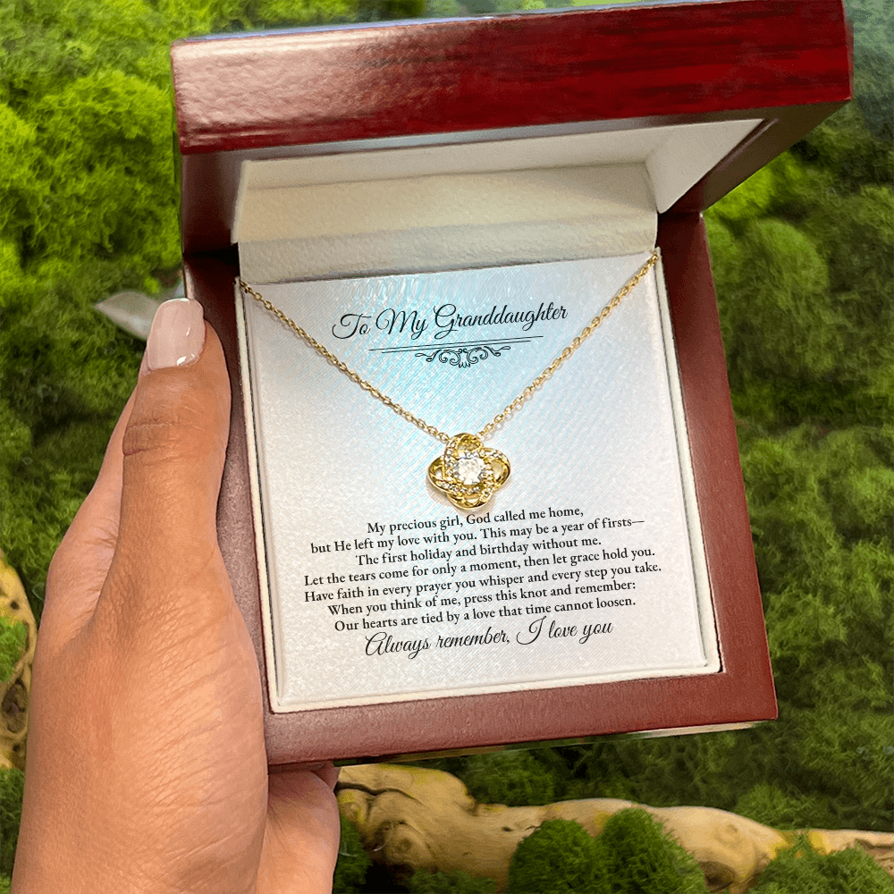Granddaughter Remembrance Love Knot Necklace – Year of Firsts Message Card, Memorial Gift from Grandma/Grandpa, 14K White or 18K Yellow Gold, Gift Box or LED Luxury Box