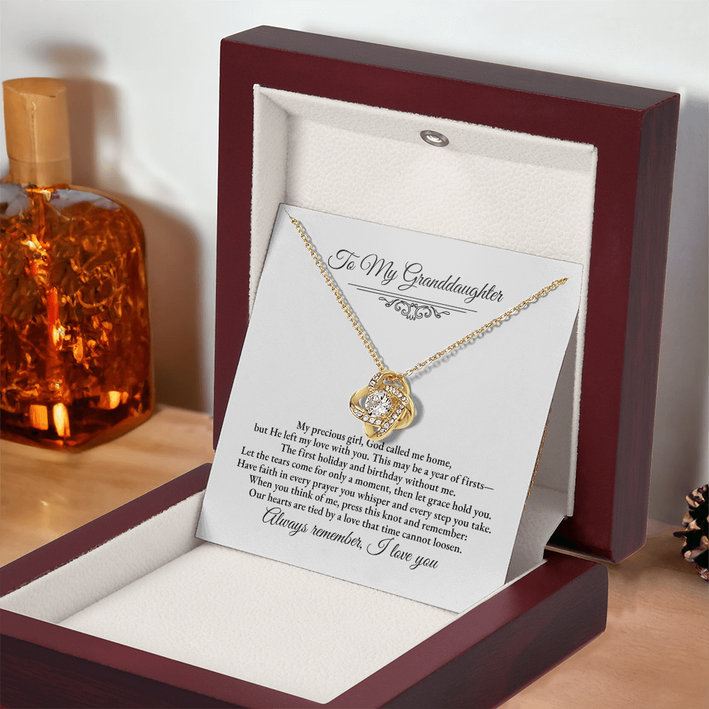 Granddaughter Remembrance Love Knot Necklace – Year of Firsts Message Card, Memorial Gift from Grandma/Grandpa, 14K White or 18K Yellow Gold, Gift Box or LED Luxury Box