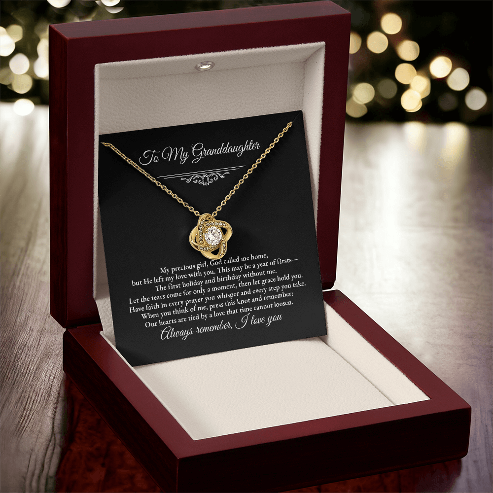 Granddaughter Remembrance Love Knot Necklace – Year of Firsts Message Card, Memorial Gift from Grandma/Grandpa, 14K White or 18K Yellow Gold, Gift Box or LED Luxury Box