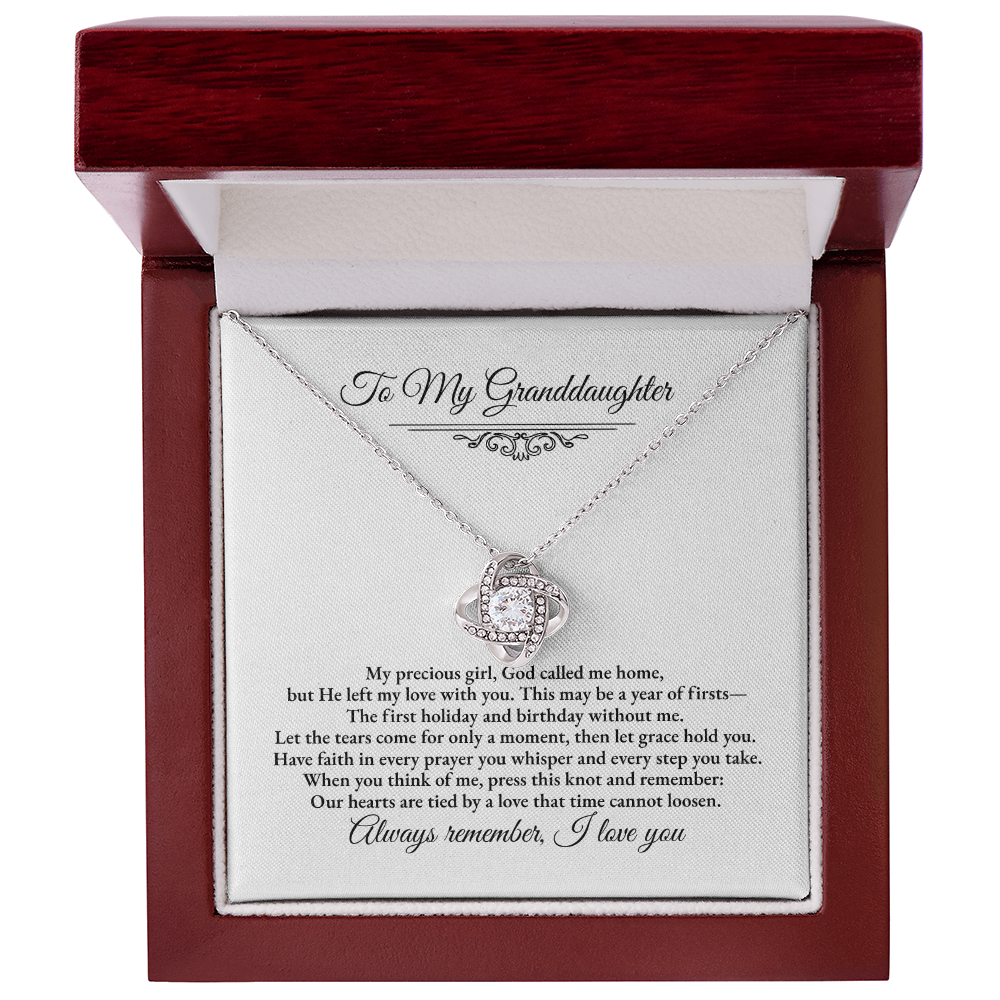 Granddaughter Remembrance Love Knot Necklace – Year of Firsts Message Card, Memorial Gift from Grandma/Grandpa, 14K White or 18K Yellow Gold, Gift Box or LED Luxury Box