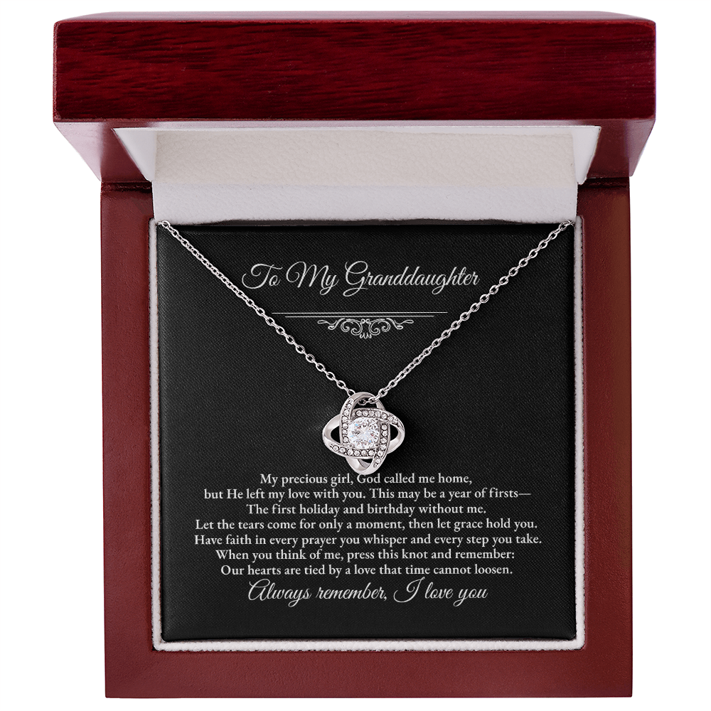 Granddaughter Remembrance Love Knot Necklace – Year of Firsts Message Card, Memorial Gift from Grandma/Grandpa, 14K White or 18K Yellow Gold, Gift Box or LED Luxury Box