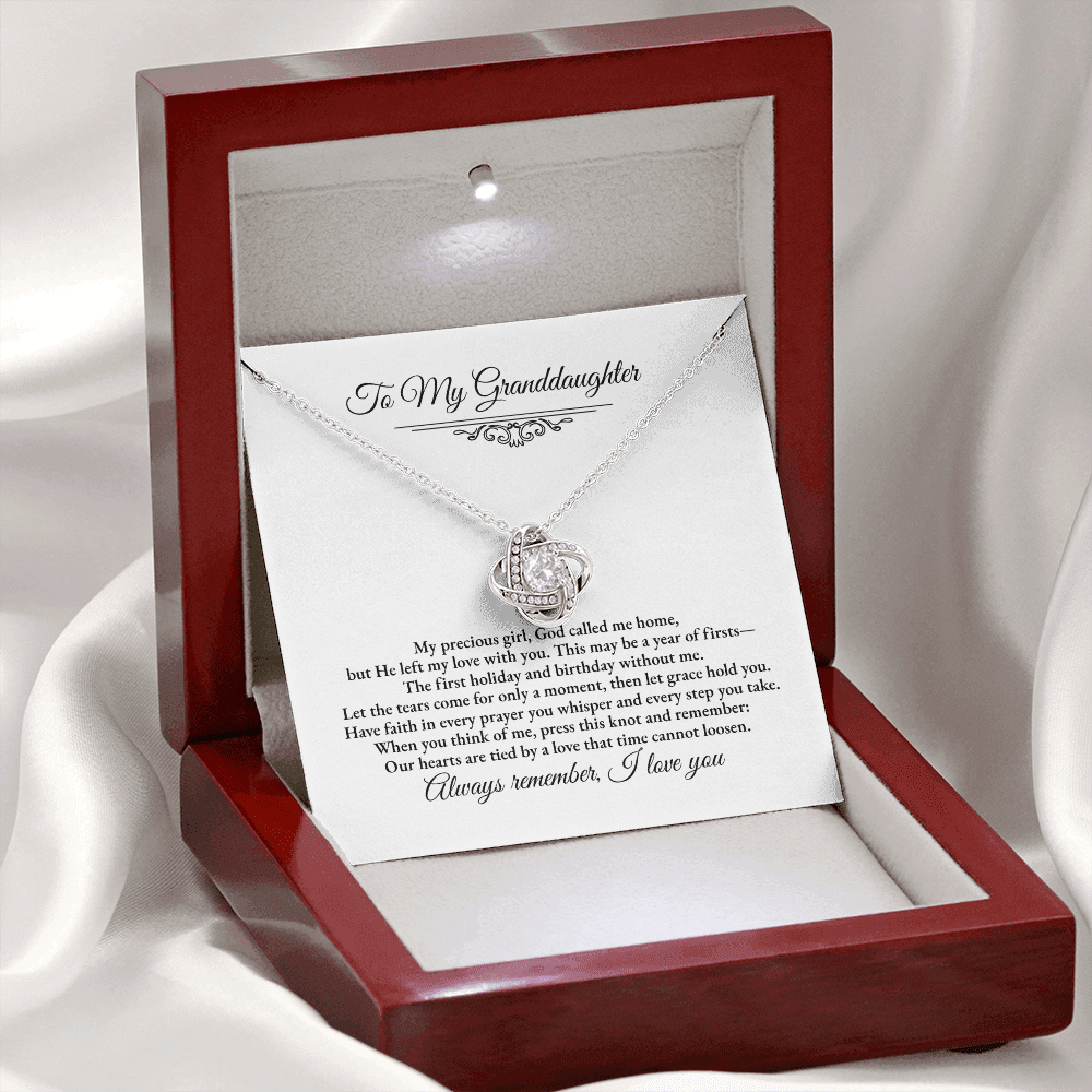 Granddaughter Remembrance Love Knot Necklace – Year of Firsts Message Card, Memorial Gift from Grandma/Grandpa, 14K White or 18K Yellow Gold, Gift Box or LED Luxury Box