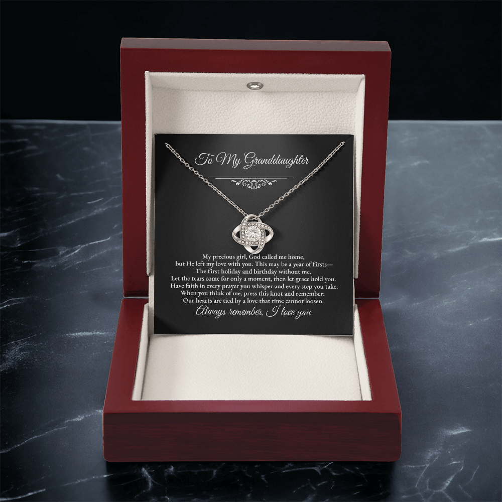 Granddaughter Remembrance Love Knot Necklace – Year of Firsts Message Card, Memorial Gift from Grandma/Grandpa, 14K White or 18K Yellow Gold, Gift Box or LED Luxury Box
