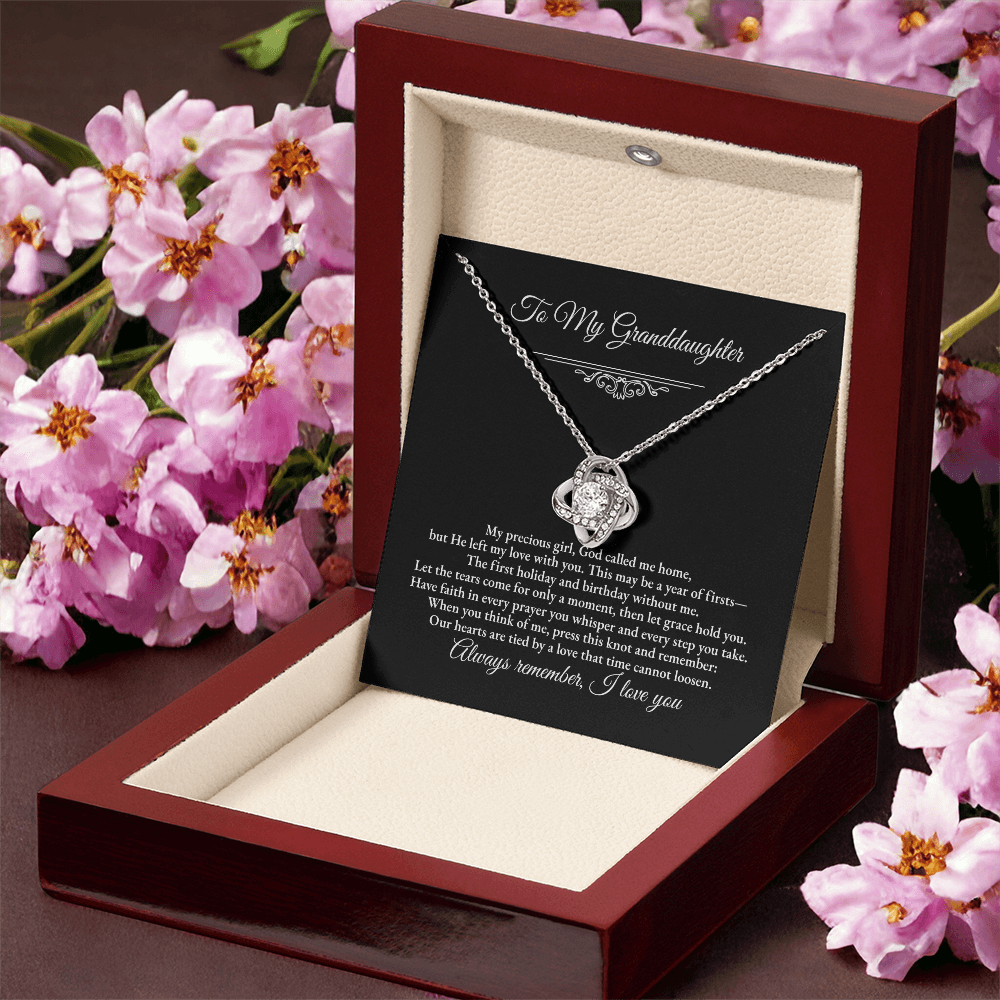 Granddaughter Remembrance Love Knot Necklace – Year of Firsts Message Card, Memorial Gift from Grandma/Grandpa, 14K White or 18K Yellow Gold, Gift Box or LED Luxury Box