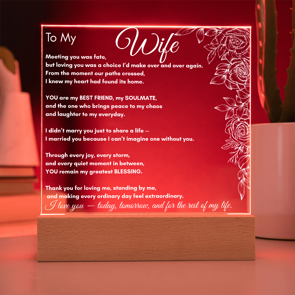 To My Wife LED Acrylic Plaque – Romantic Gift for Wife, Anniversary, Birthday, Wedding, Love Poem Keepsake With Rose Clusters